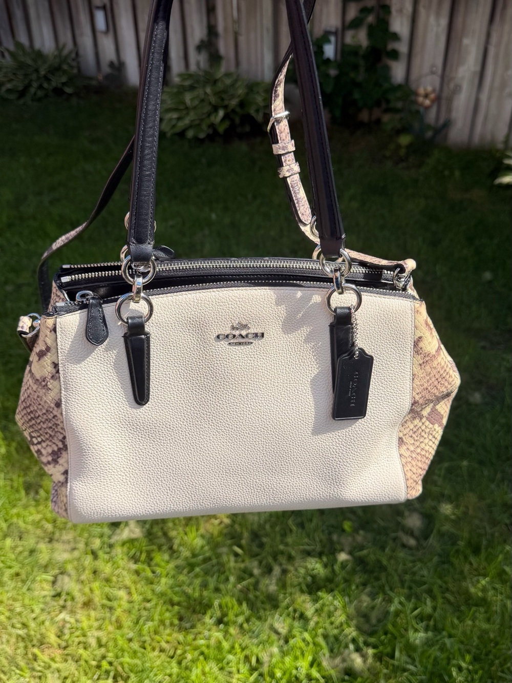 Coach Beige & Snakeskin Satchel – Structured Leather, Black Handles, Silver Hard